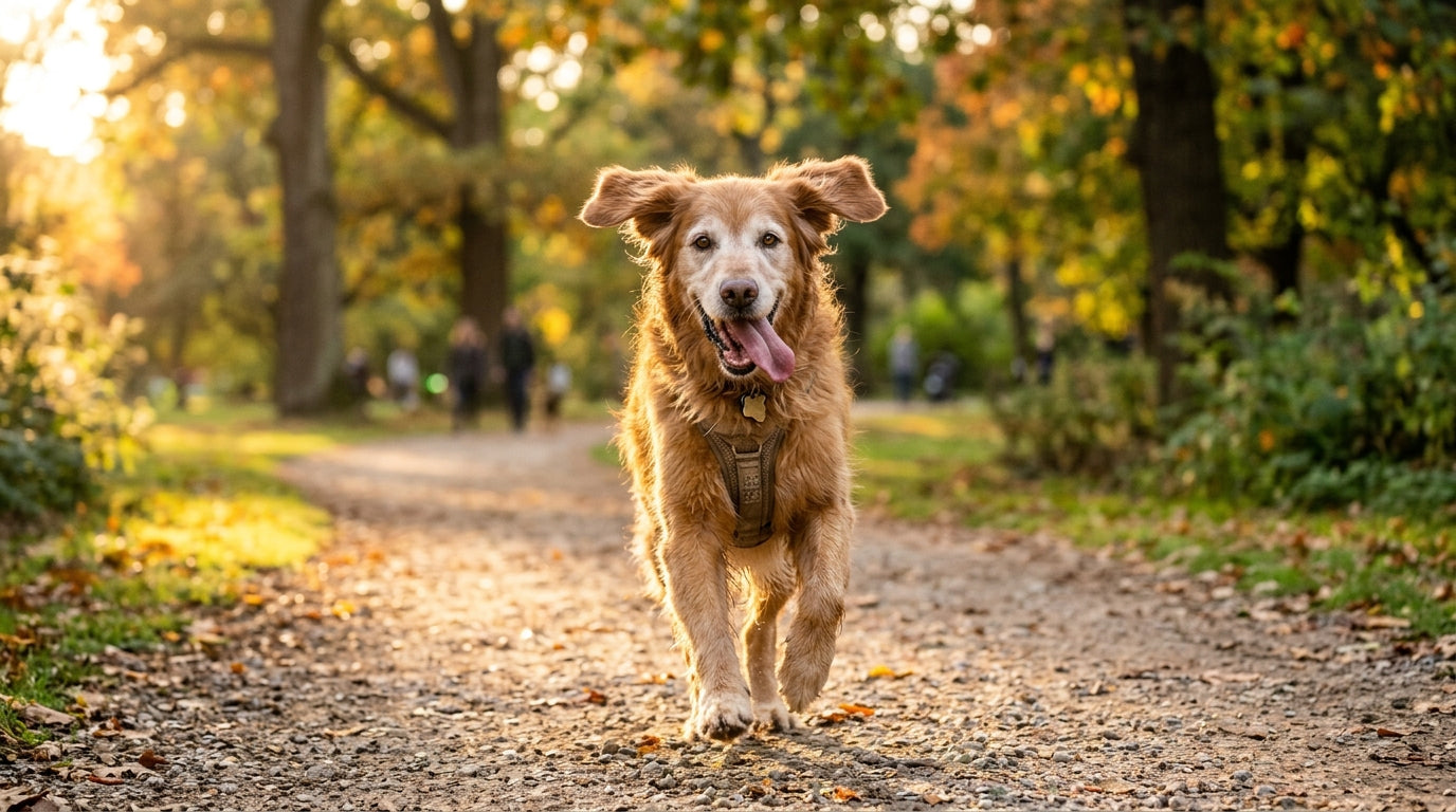 Happy senior dog running