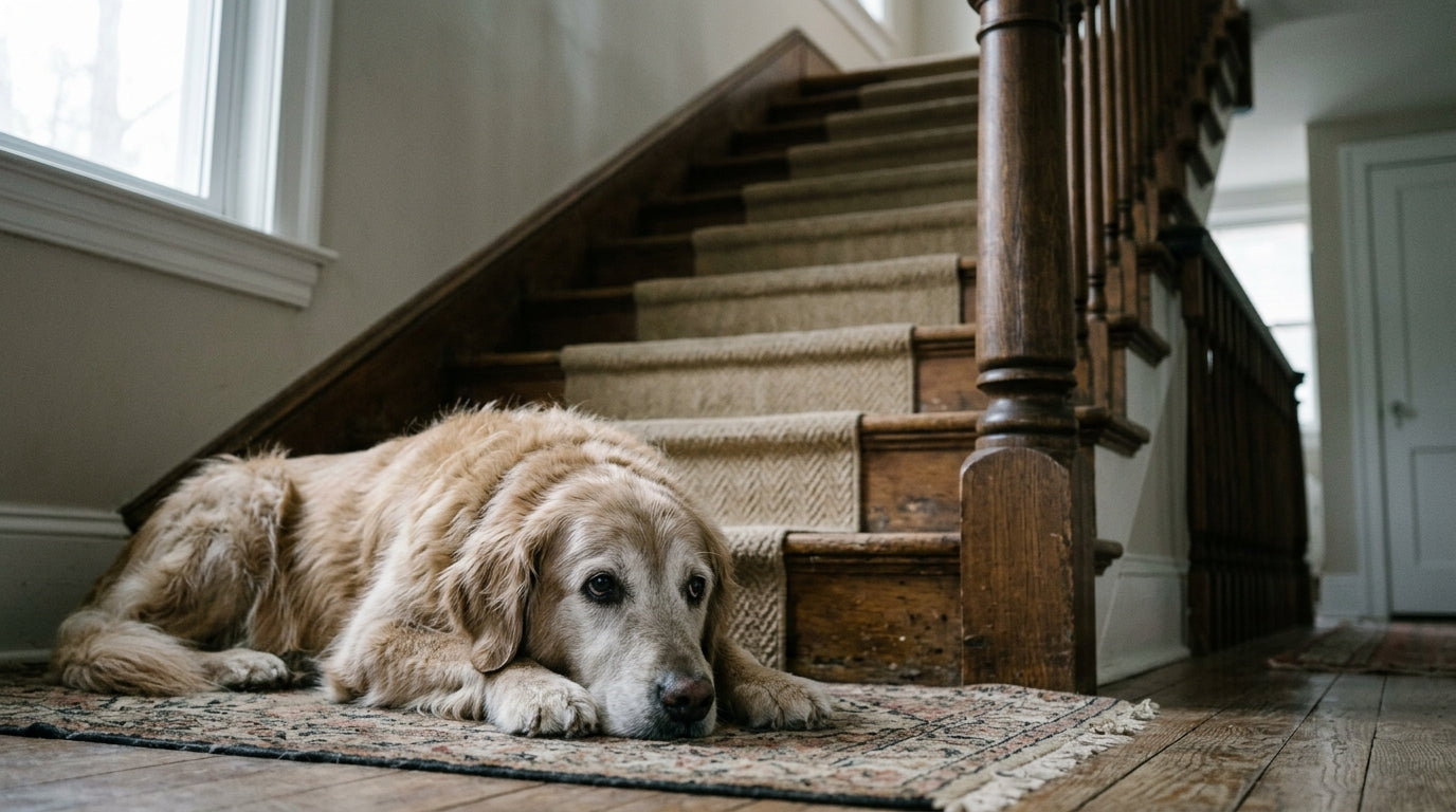 Older dog hesitating at the stairs